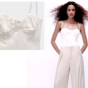 Zara white linen blend ruched sweetheart neck spaghetti strap corset bodysuit XL